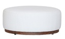 ROUND OTTOMAN W/ WHITE BOULCE FABRIC/ OAK BASE