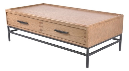 [BR3030] COFFEE TABLE W/ 4 DRAWERS - OAK/METAL