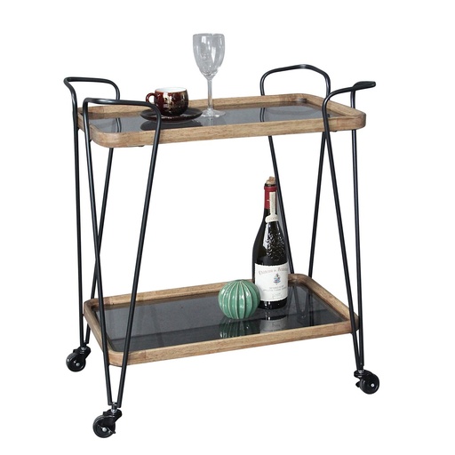 [DT5006] WOODEN & METAL BAR CART (GREY GLASS) - NATURAL/BLACK