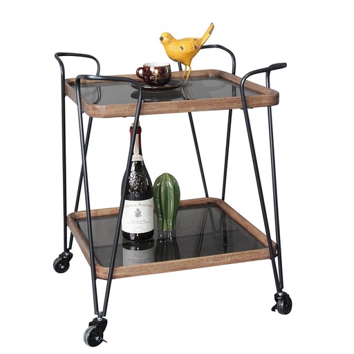 [DT5007] WOODEN & METAL BAR CART (GREY GLASS) - NATURAL/BLACK