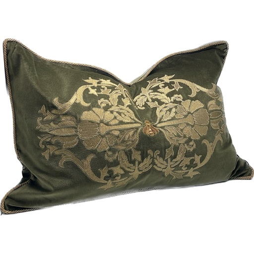 [IH6004] CUSHION COVER - HAND EMBROIDERED - GREEN / GOLD
