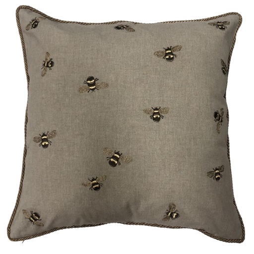 [IH6029] CUSHION COVER - HAND EMBROIDERED  - NATURAL CHAMBREY W/ BEES