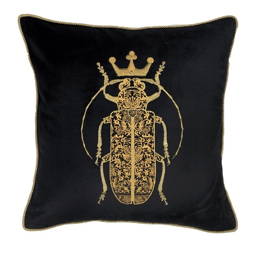 [IH6031] CUSHION COVER - HAND EMBROIDERED  - BLACK W/GOLD BUG