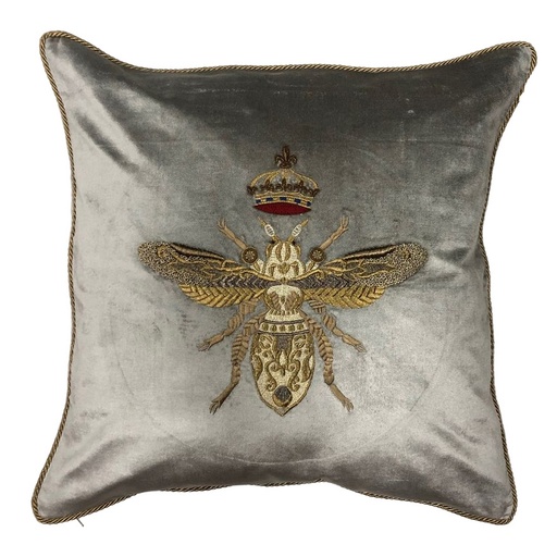 [IH6034] CUSHION COVER - HAND EMBROIDERED  - PLATINUM W/ GOLD BEE