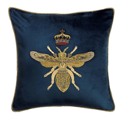 [IH6035] CUSHION COVER - HAND EMBROIDERED  - TEAL W/ GOLD BEE
