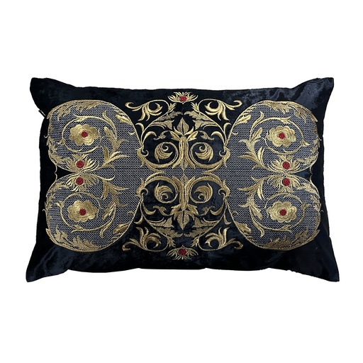 [IH6037] CUSHION COVER - HAND EMBROIDERED  - BLACK W/ANTIQUE GOLD DESIGN