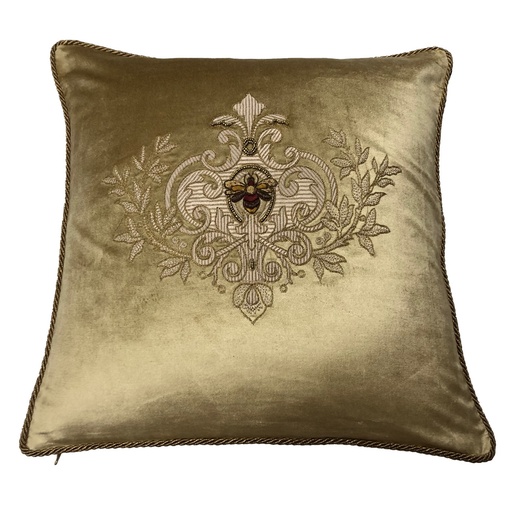 [IH6042] CUSHION COVER - HAND EMBROIDERED  - ANTIQUE GOLD W/ GOLD WREATH
