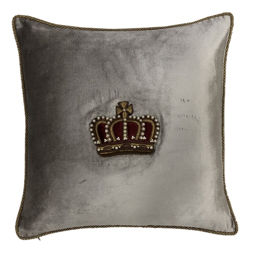 [IH6048] CUSHION COVER - HAND EMBROIDERED  - PLATINUM W/ GOLD CROWN