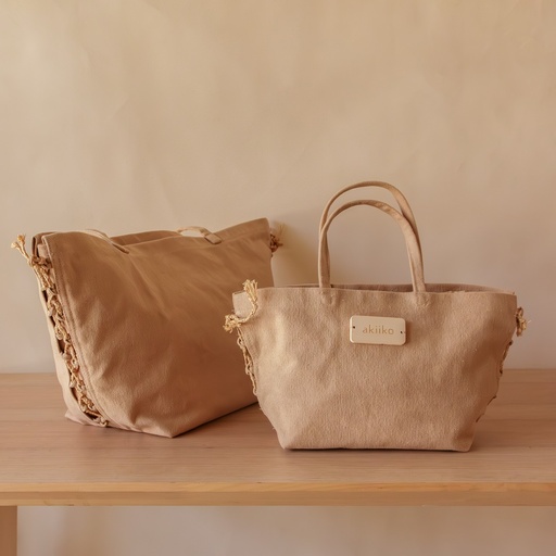 [KK1008] AKIIKO - BISCUIT CANVAS CURVED GIFT TOTE WITH RAFFIA DETAILING - SMALL