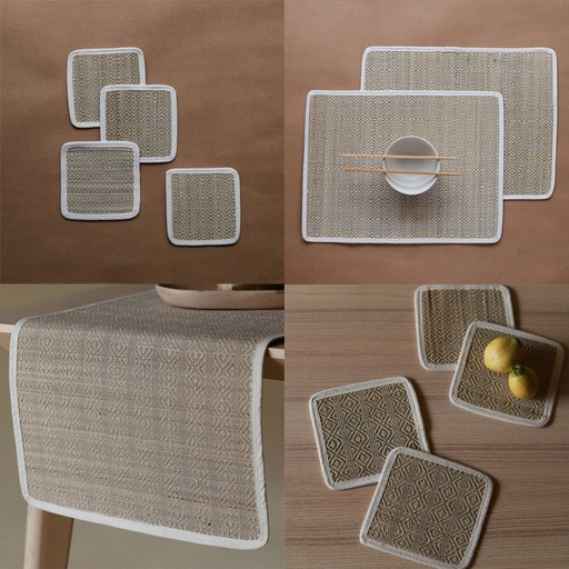 [KK1046] AKIIKO - REED TABLE TOP SET - SOFT REED PLACEMAT, RUNNER, COASTER - HERRING WEAVE