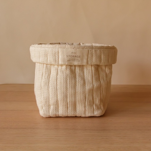 [KK1049] AKIIKO - GRID WAFFLE SQUARE FOLDOVER BASKET WITH PATCH - LATTE