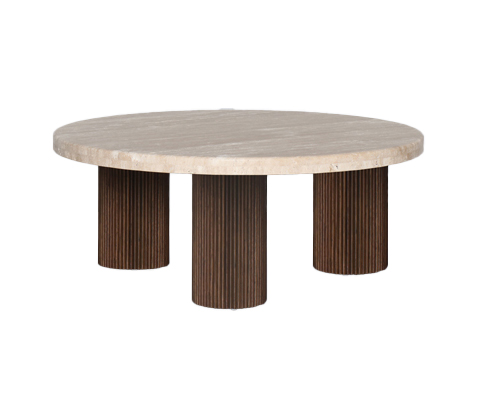 [PR2100] HEARTHTSTONE TRAVERTINE COFFEE TABLE  - AUTHENTIC TRAVERTINE WITH WALNUT ASH LEGS