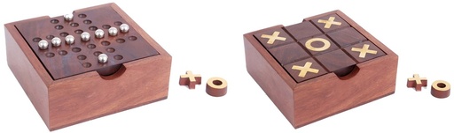 [TK1166] WOODEN TIC TAC TOE SOLITAIRE GAME IN BOX WALNUT FINISH