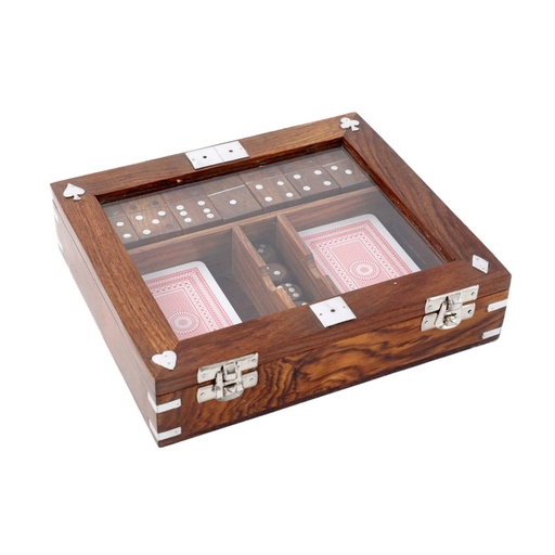 [TK1254] WOOD/ALUMINIUM GAME SET - CARDS, DICE, DOMINOES