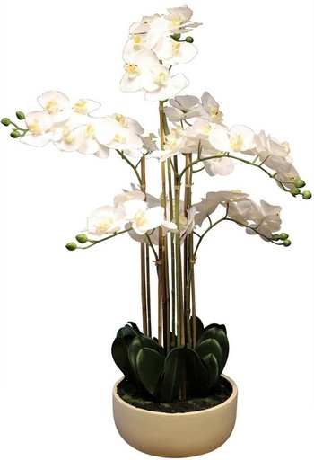 [YI1015] REAL TOUCH ORCHID 7 SPRAY - WHITE WITH CAESARSTONE POT