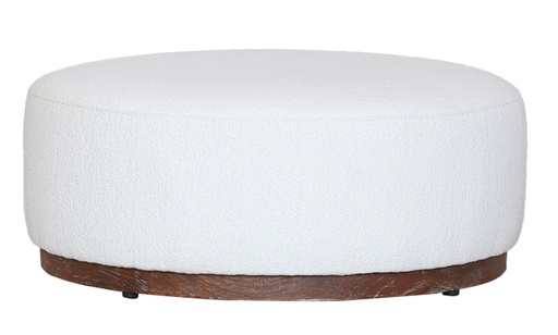 [PR2065] ROUND OTTOMAN W/ WHITE BOULCE FABRIC/ OAK BASE